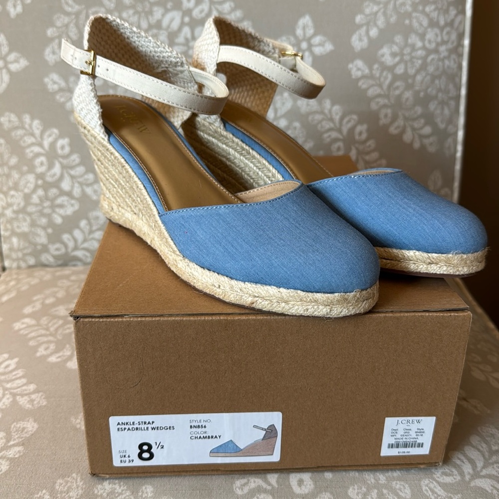 New J Crew Factory Chambray Blue Espadrille wedge Sandals size 8.5